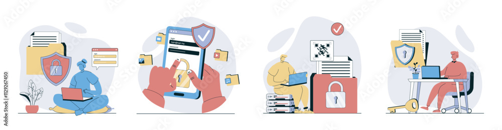 Aufkleber Cyber security concept set in flat design for web. Collection with people using account passwords to protect data, saving documents and personal profiles with firewall service. Vector illustrations.