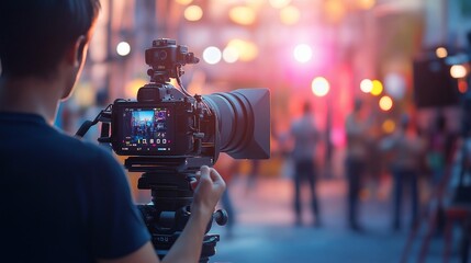 filmmaker holding a camera on a bustling set, directing a scene with a vibrant backdrop and a crew working efficiently in the background