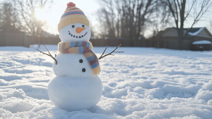 Obraz premium Cute Snowman in Colorful Hat and Scarf Outdoors in Winter Sunlight