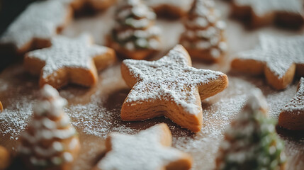 A close-up of Christmas cookies shaped like stars and trees dusted with powdered sugar.