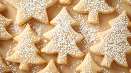 A close-up of Christmas cookies shaped like stars and trees dusted with powdered sugar.