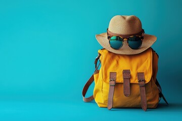 Fototapeta premium A stylish luggage setup featuring a Panama hat and sunglasses. A vibrant image against a plain background. Perfect for travel and tourism themes