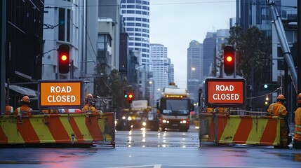 Major road closure affects traffic flow in downtown area during rainy weather