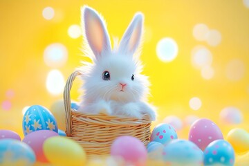 Cute white bunny in a basket surrounded by colorful Easter eggs on a bright sunny day