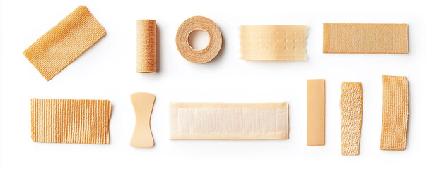 A set of various brown strips and pieces of bandage isolated on a white background
