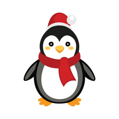 Cute Christmas Penguin Flat Vector Illustration and Line Art Design.eps