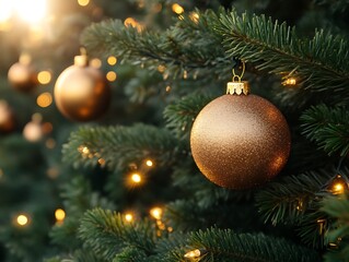 Fototapeta premium Golden Ornaments Adorn Christmas Tree Branches With Lights