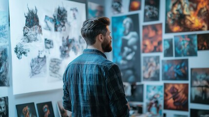 game designer brainstorming ideas on a whiteboard, with concept art and character designs covering the walls of a modern studio