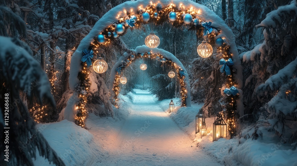 Aufkleber enchanted winter pathway decorated with lights and ornaments in a snowy forest setting creating a ma