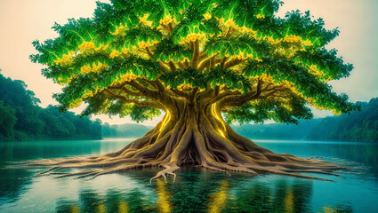 a mystical, dreamlike photograph capturing a majestic tree with radiant, glowing emerald green leaves that seem to pulse with an otherworldly energy, its branches heavy with luscious, golden fruit, it