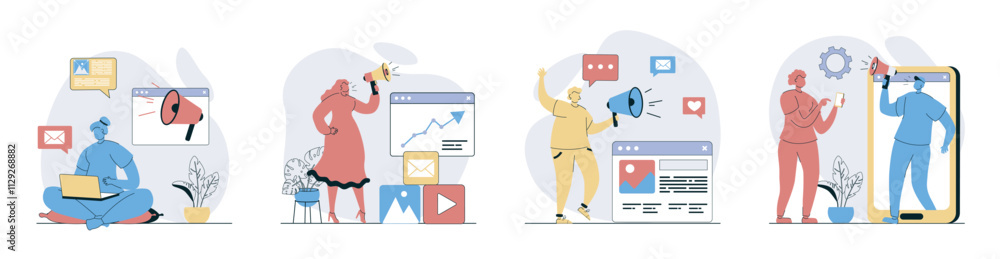 Poster digital marketing concept set in flat design for web. collection with people with megaphones influen