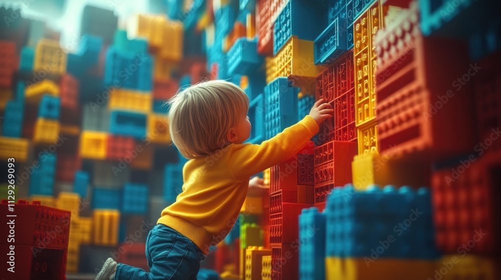 Poster child playing with colorful building blocks.