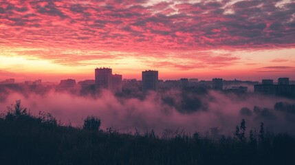 Obraz premium Misty cityscape at sunrise with vibrant clouds.