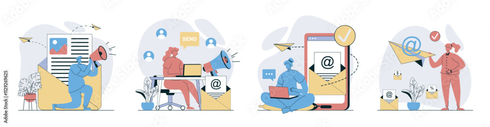 Poster email marketing concept set in flat design for web. collection with people sending promo information