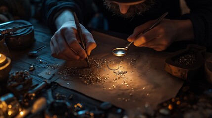 jewelry designer crafting a delicate necklace under a magnifying glass, surrounded by sparkling gemstones and intricate tools