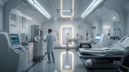 Obraz premium laboratory where technicians are processing routine medical tests, surrounded by glowing machines and sterile tools, white walls and white medical equipment, super realistic