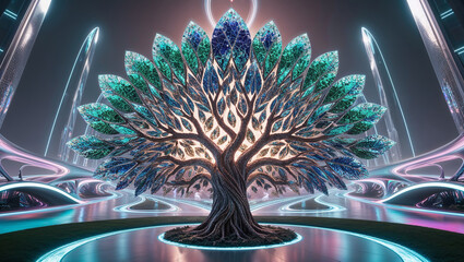 a highly detailed, cinematic photograph of a majestic, glowing digital art-style tree with intricately arranged, vividly colored mosaic leaves, each reflecting a different, shimmering hue, from emeral