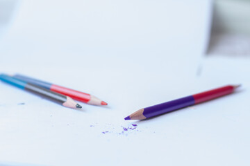 colored pencil on white paper, sawdust from a sharpener and colored pencils