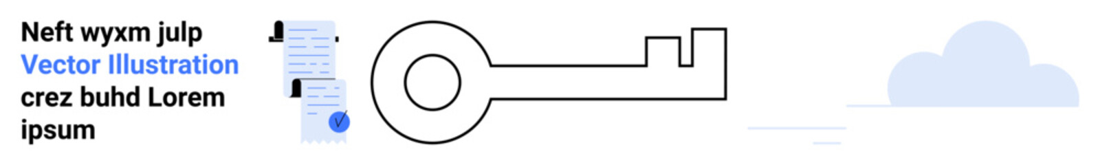 Key as central element, accompanied by a document with text and a small blue circle icon, set against a simple cloud backdrop. Ideal for security, data storage, documentation, technology, cloud