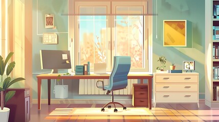 Cozy Office Room Interior with a Coworking Area and Panoramic Views, Offering a Comfortable and Productive Space for Collaboration and Focused Work