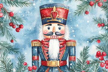 Watercolor Christmas card with a nutcracker framed by holly berries and pine branches