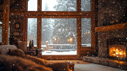 A cozy mountain cabin living room with a large stone fireplace a person sitting by the wide window gazing at the heavy snowflakes falling outside.