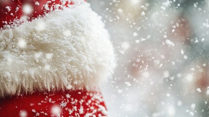 Close-Up View of a Santa Hat with Snowflakes Falling Against a Softly Blurred Winter Background Capturing the Spirit of Holiday Cheer and Festive Celebrations