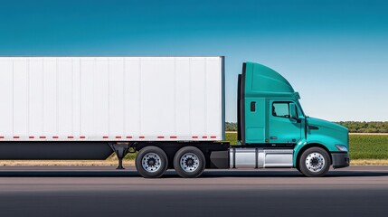 Bright Blue Semi-Truck with White Trailer on a Clear Road Against a Lush Green Field Under a Bright Blue Sky