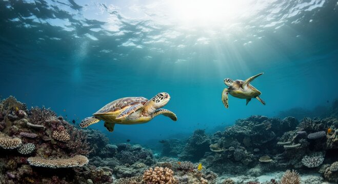 Majestic sea turtles swimming in vibrant coral reef under sunlit ocean