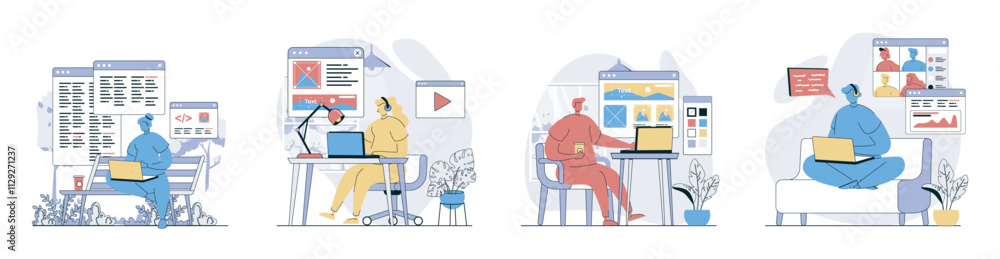 Poster Freelance working concept set in flat design for web. Collection with people working remotely from home, programing, designing sites and content, briefing by video calling. Vector illustrations.