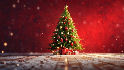 Obraz premium Christmas background and Christmas tree and sparkling bokeh lights in winter, merry christmas card holiday Happy New Year, space for text on red background