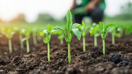 Green Seedlings Growing in Rich Soil Under Bright Sunlight with Farmer in Background, Symbolizing Sustainable Agriculture and Healthy Crop Production Practices