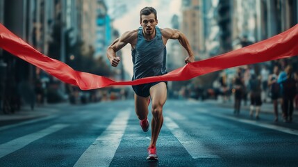 marathon runner breaking through a red ribbon finish line