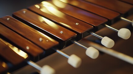 Naklejka premium Close-Up View of Wooden Xylophone Bars and Mallets Highlighting Natural Grain and Reflection in Soft Ambient Light for Musical Instrument Enthusiasts