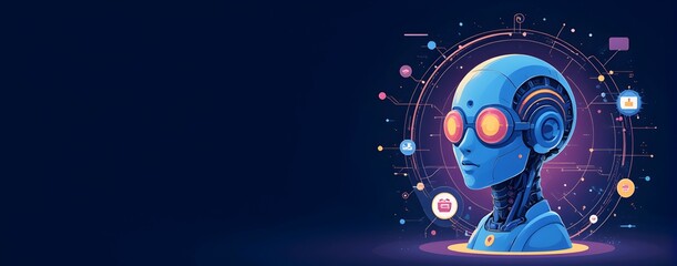 Fototapeta premium A futuristic robotic head, glowing eyes, intricate design, set against a dark, tech-infused backdrop. Digital art at its finest!