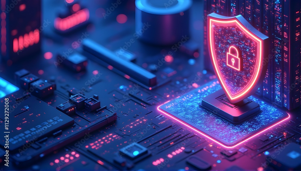 Poster neon glow illuminates a digital shield, symbolizing robust cybersecurity and data protection in the 