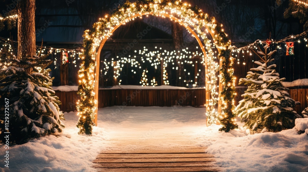 Aufkleber enchanting winter pathway adorned with twinkling lights and snow-covered trees creating a magical at