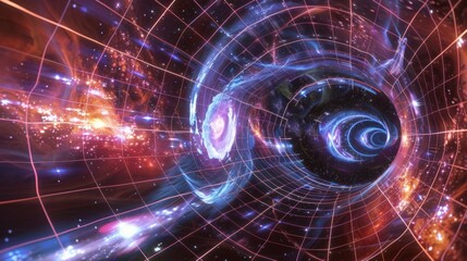 Fototapeta premium Flowing complex data streams through a vibrant spacetime tunnel, visualizing big data and information transfer across vast cosmic distances with abstract artistic elements