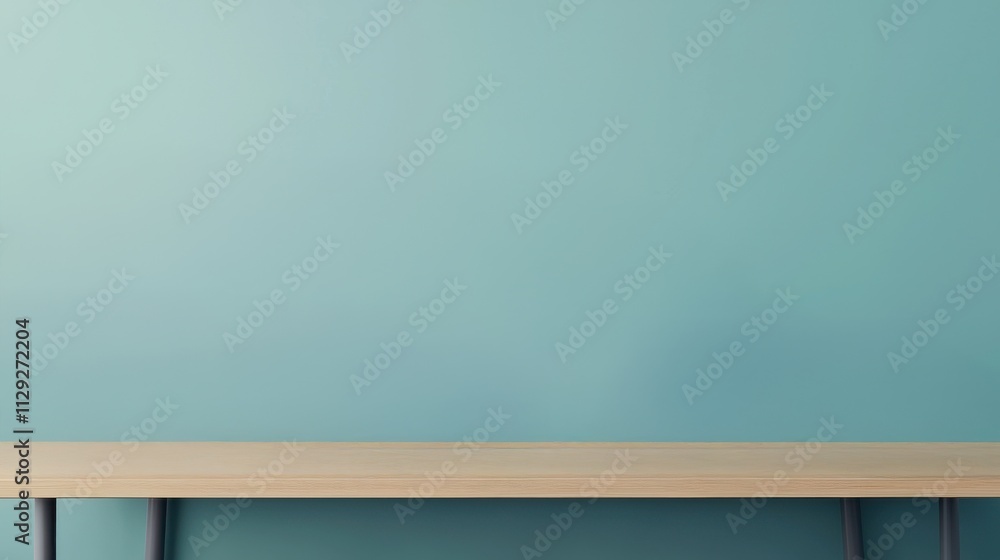 Poster simple and modern interior view of a wall with soft green color and a minimalist wooden table in a b