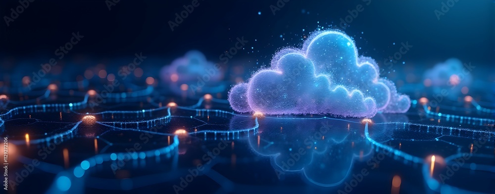Poster ethereal cloud network: a mesmerizing digital landscape of interconnected nodes and glowing cloud fo