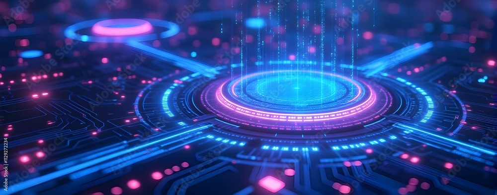 Poster dive into the vibrant world of digital circuitry! neon lights illuminate complex pathways, creating 