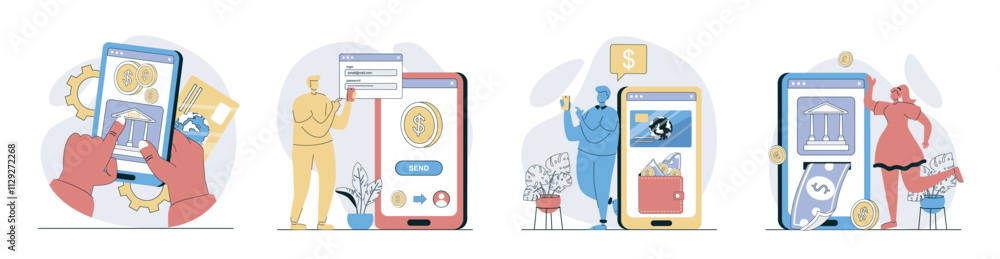 Poster mobile banking concept set in flat design for web. collection with people managing credit cards and 