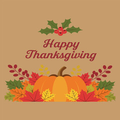 Thanksgiving Pumpkin with Autumn Leaves Illustration,Happy Thanksgiving Greeting Card Design,Thanksgiving Holiday Pumpkin with Foliage,Festive Thanksgiving Illustration with Pumpkin