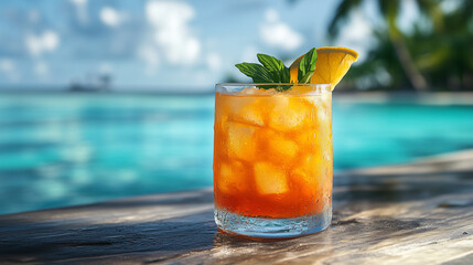 Tropical Mai Tai cocktail garnished with an orange slice and mint by the poolside