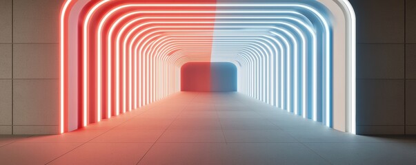 Neon light trails in vibrant red and blue curving into a tunnel abstract representation of motion and modern technology