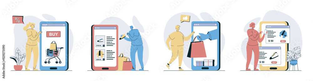 Aufkleber mobile commerce concept set in flat design for web. collection with people choosing in assortment an