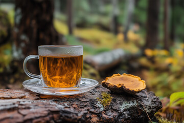 Chaga Mushroom Tea in a Glass Cup, Powder and Whole Pieces on a Forest Background 