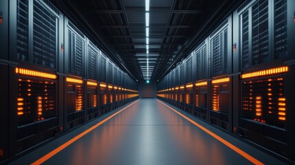 Obraz premium A Futuristic Data Center with High-Tech Server Racks and Illuminated Pathway in a Modern Cyber Environment for Digital Solutions and Tech Innovations