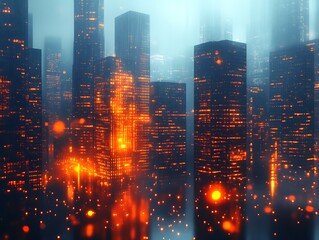Fototapeta premium Futuristic Cityscape Illuminated With Warm Lights At Night