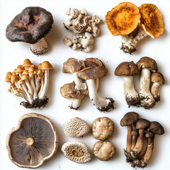 Overhead view of different varieties of mushroom and fungi illustration. Mushrooms Supplements and Healthy Mixes